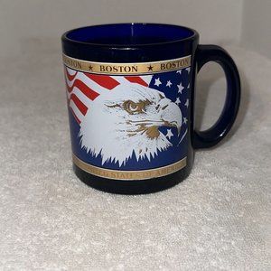Vintage 1990’s Colbalt Blue Glass Boston United States Eagle Head Mug Gold Rare